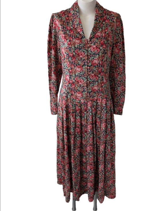 Laura Ashley Dresses & Skirts - Vintage Dress Laura Ashley Cottagecore Floral Long-Sleeve Midi  Red Rose Print